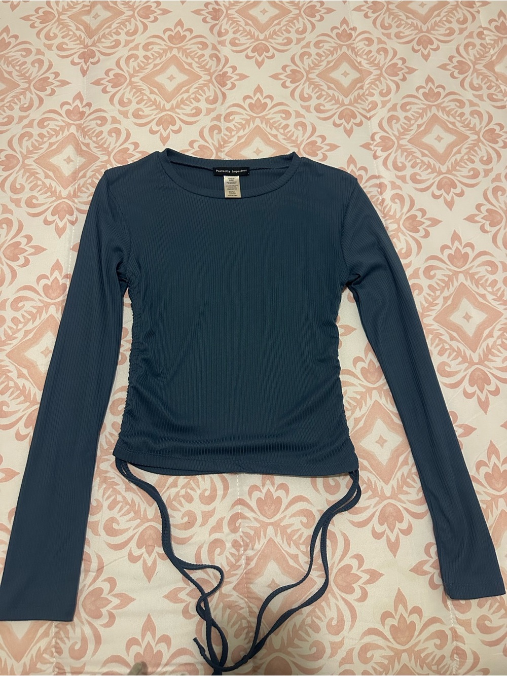 Navy Ribbed Long-Sleeve Tie-Waist Top